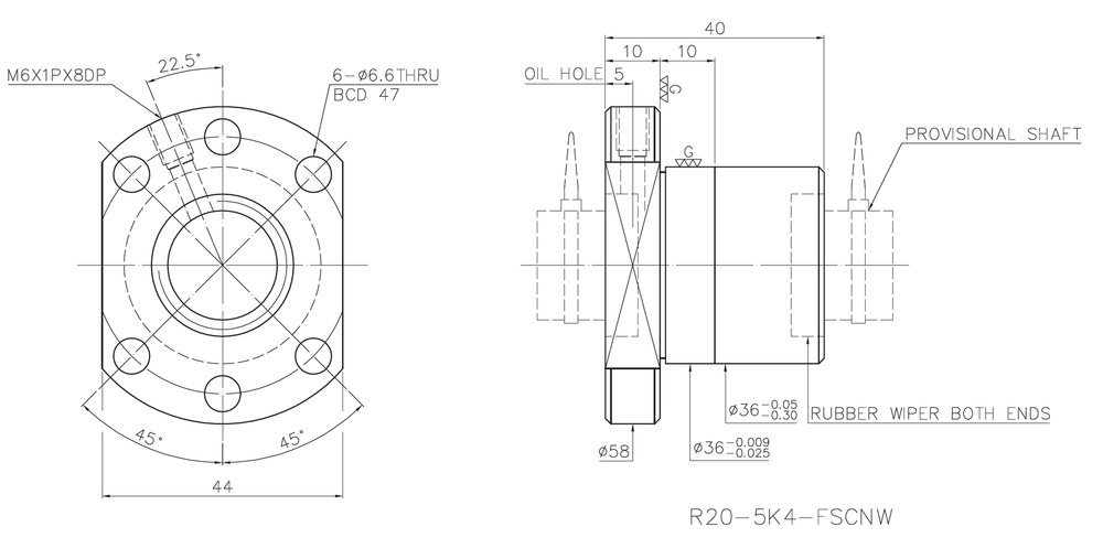 Гайка ШВП HIWIN R20-5K4-FSCNW - чертеж