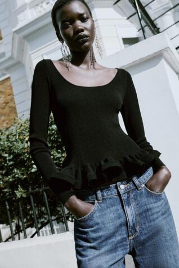 ZARA СВИТЕР ИЗ ТРИКОТАЖА С ВОЛАНАМИ, ЧЕРНЫЙ