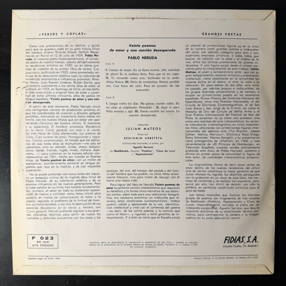 Pablo Neruda, Julián Mateos ‎– Veinte Poemas De Amor Y Una Canción Desesperada (Испания 1967г.)