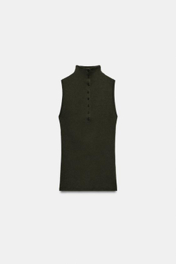 ZARA ТОП С ВОРОТНИКОМ-СТОЙКОЙ И ПУГОВИЦАМИ, ОЛИВКОВЫЙ