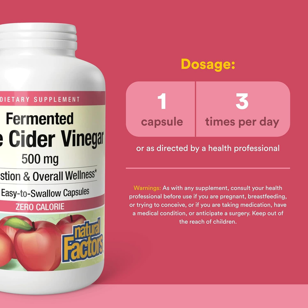 Natural Factors, Яблочный уксус, 500 мг, 360 капсул