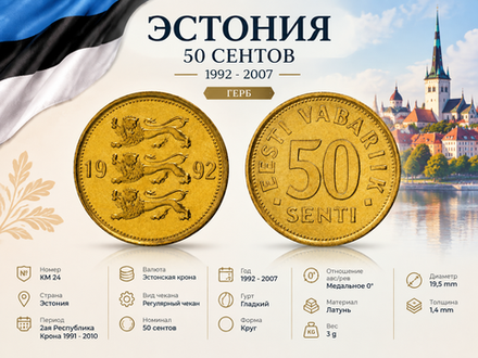 Эстония 50 сентов, 1992 UNC