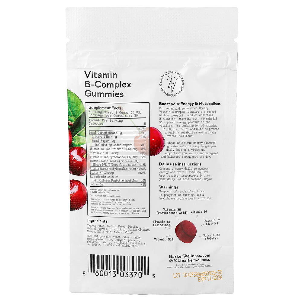 Barker Wellness Co, комплекс витаминов группы B, со вкусом вишни, 30 жевательных таблеток