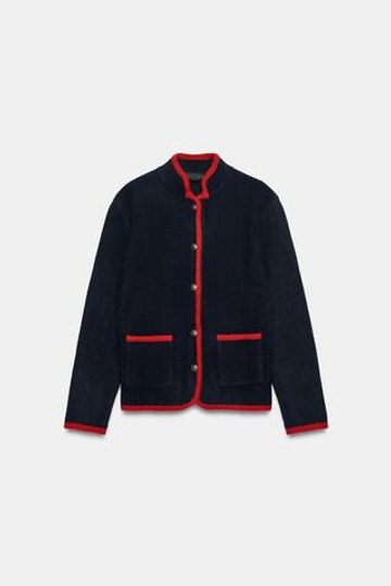 ZARA ТРИКОТАЖНЫЙ ЖАКЕТ С КОНТРАСТНОЙ ОКАНТОВКОЙ, МОРСКОЙ СИНИЙ