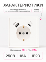 Розетка одинарная внутренняя с USB и type C