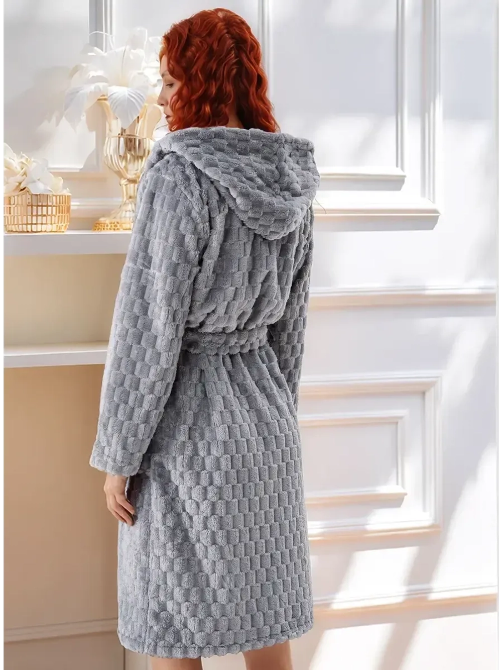 халат домашний теплый велсофт на поясе с капюшоном