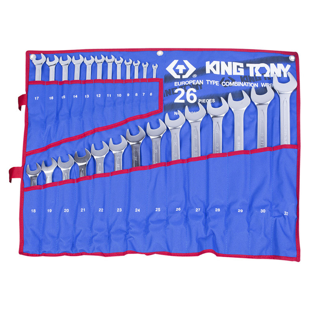 KING TONY (1226MRN) Набор комбинированных ключей, 6-32 мм чехол из теторона, 26 предметов
