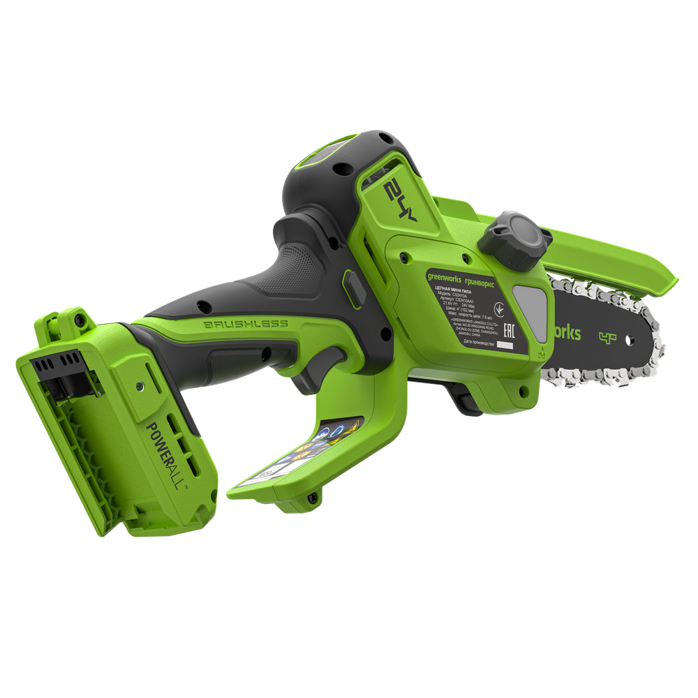 Цепная мини пила аккумуляторная Greenworks CS2410A, 24V, 10см, автоматическая смазка цепи, без АКБ и ЗУ (CS2410AA1)