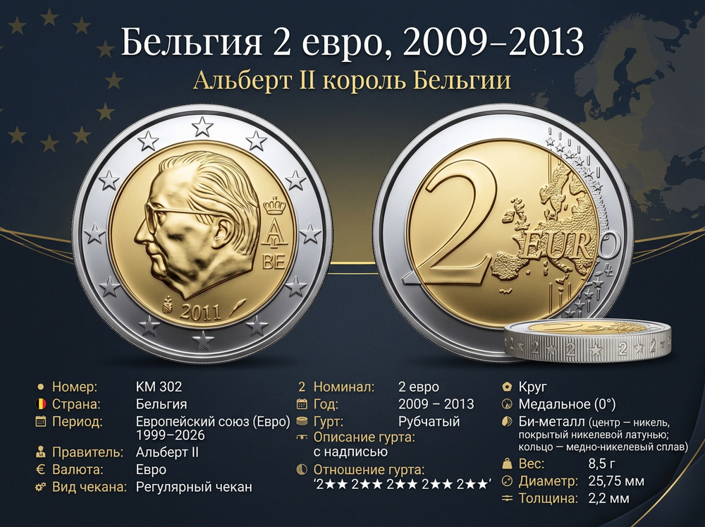 Бельгия 2 евро, 2011 Король Альберт II XF
