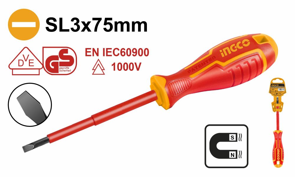 Отвертка диэлектрическая плоская SL3x75 мм INGCO HISD813075 INDUSTRIAL