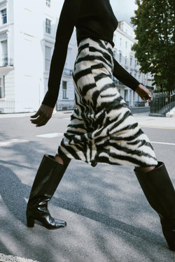 ZARA ЮБКА МИДИ ИЗ ИСКУССТВЕННОГО МЕХА, ЧЕРНЫЙ/БЕЛЫЙ