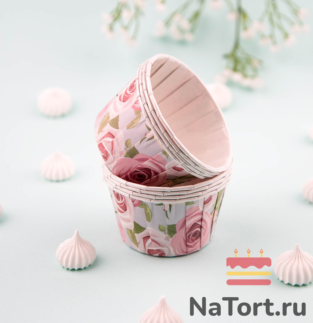 Формы бумажные с ламинацией «Маффин» 50х40 мм (Голубой с крупными розами) 100 шт