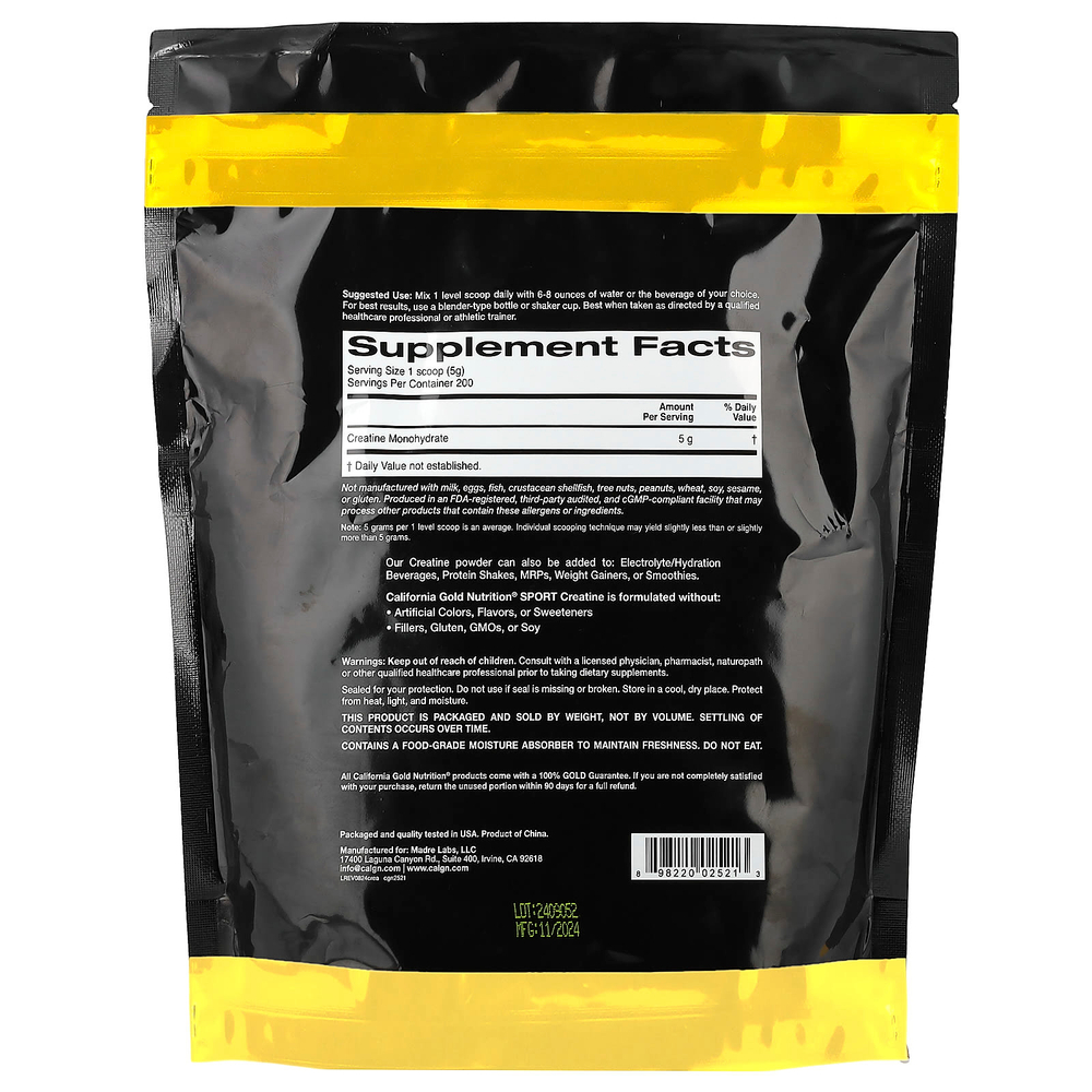 California Gold Nutrition, Sport, чистый моногидрат креатина, с нейтральным вкусом, 1 кг (2,2 фунта)