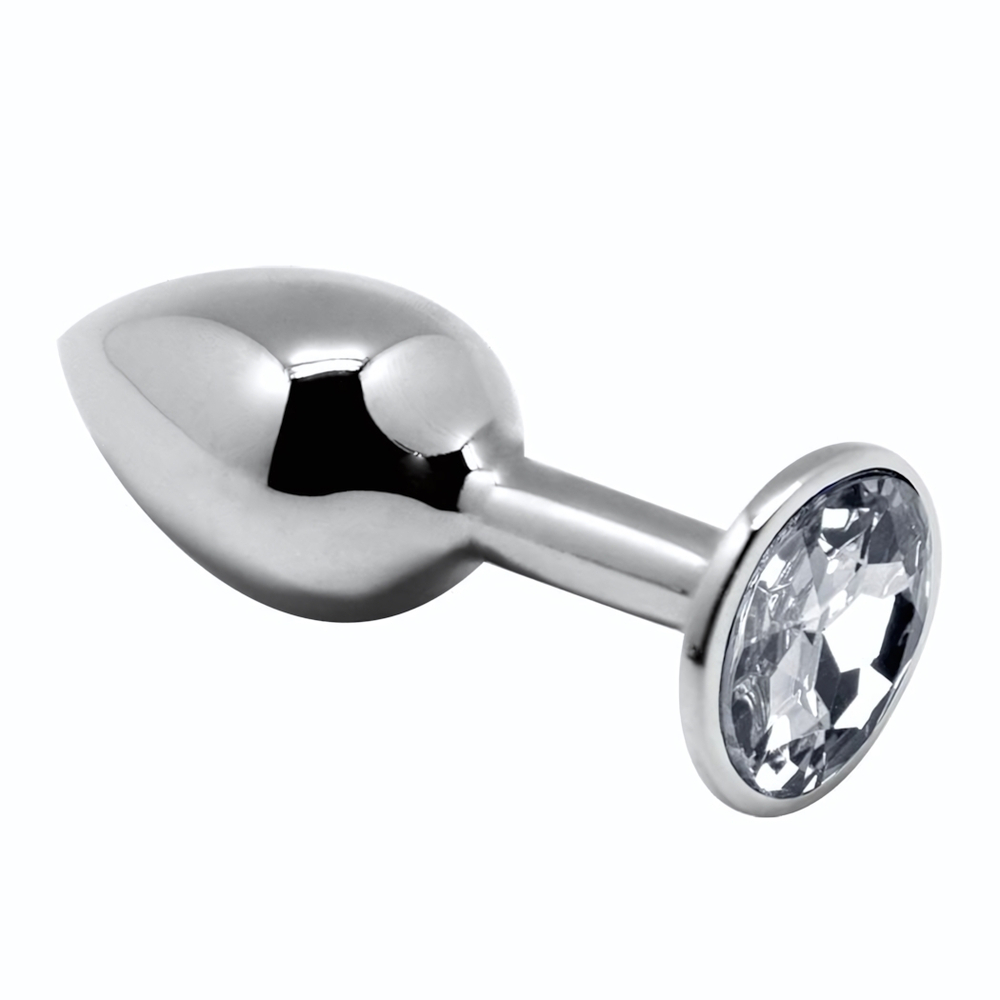 Серебристая анальная втулка с прозрачным кристаллом Mini Metal Butt Plug Size L - 9 см. (Цвет: серебристый)