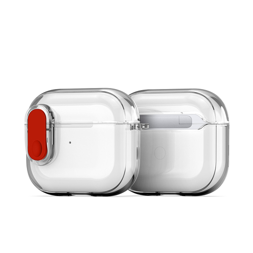 Прозрачный чехол с красной кнопкой для наушников AirPods 3, серия PECL Series от Dux Ducis, в комплекте с карабином
