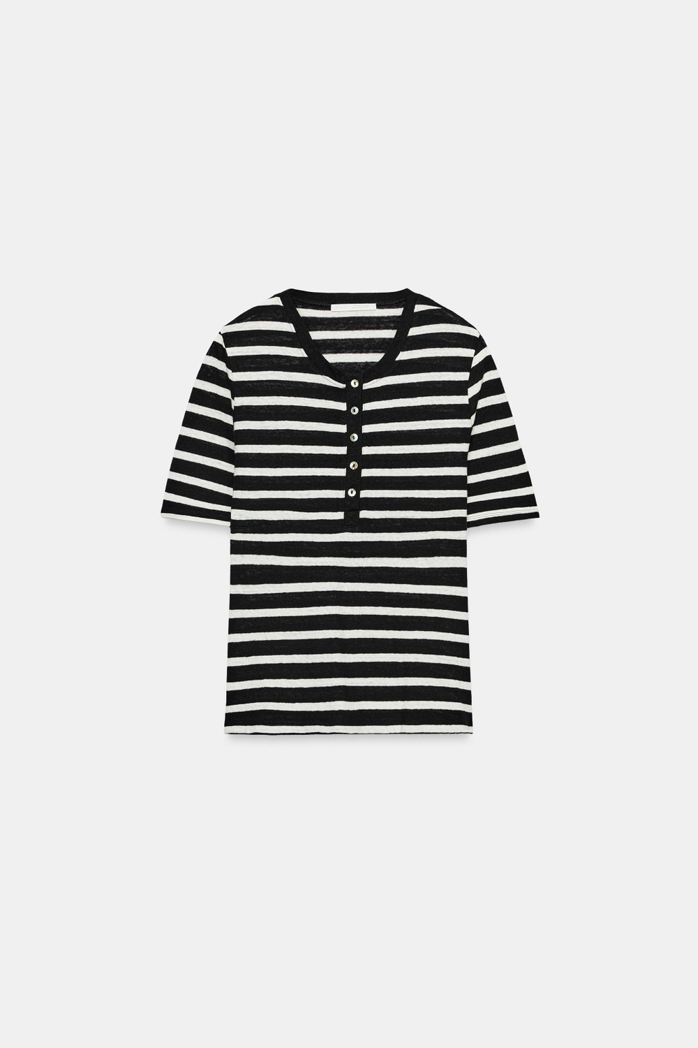 ZARA ФУТБОЛКА С ПУГОВИЦАМИ И ЛЬНОМ, ЭКРЮ/ЧЕРНЫЙ