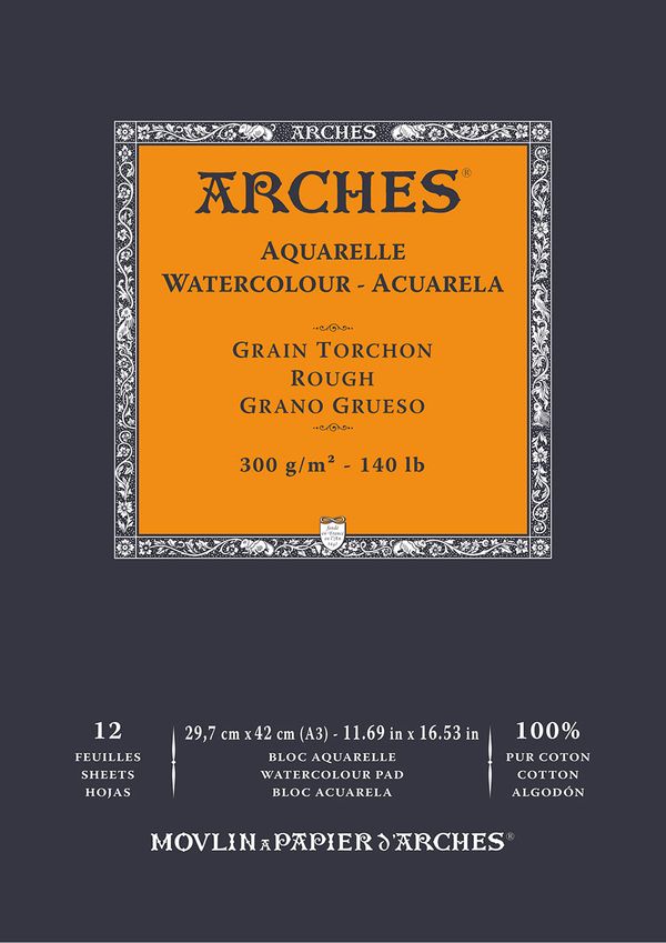 Альбом для акварели RG Watercolour Rough 100% хлопок 300 г/м², 42х29.7 см, склейка с одной стороны 12 л, крупнозернистая, Arches A1795104
