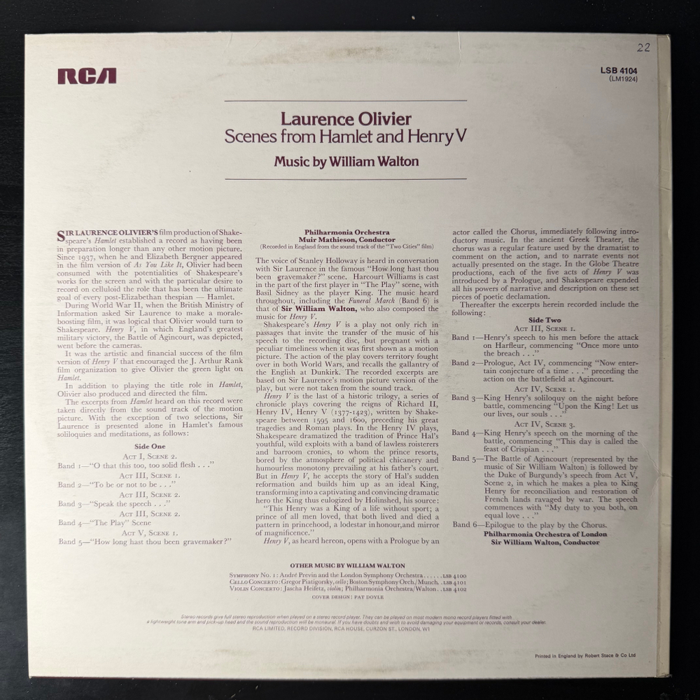 Scenes From Hamlet And Henry V - Laurence Olivier Music By William Walton (Англия)