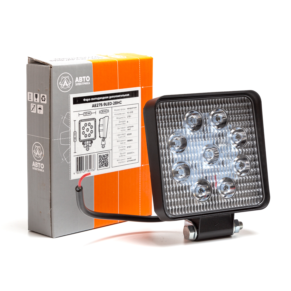 AE27S-9LED-28HC Фара светодиодная дополнительная, квадратная SLIM 110х28х140, направленный свет, 9 диодов, крепление по центру, 27 Вт, 10-30 В