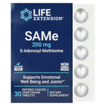 Life Extension, SAMe, S-аденозилметионин, 200 мг, 30 вегетарианских таблеток, покрытых кишечнорастворимой оболочкой