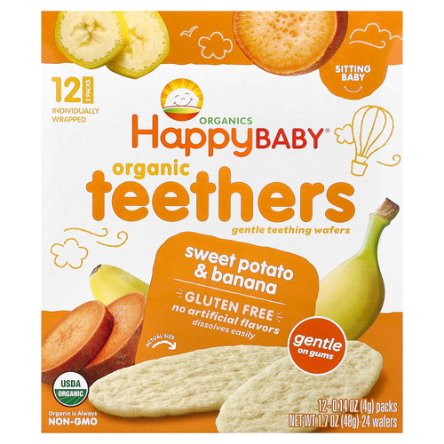 Happy Family Organics, Happy Baby®, органические прорезыватели для зубов, нежные вафли для прорезывания зубов, батат и банан, 12 пакетиков по 4 г (0,14 унции)