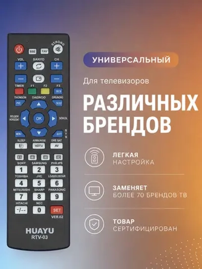 Универсальный многофункциональный пульт дистанционного управления RTV-03 VER.02 для Smart TV телевизоров LG, Samsung, Sony, Philips, Panasonic, Haier, TCL, BBK, Supra, Toshiba, Sharp, Hyundai, HUAYU PDUHRM1714 (RTV-03, HRM1714, RTV-03 VER.02)