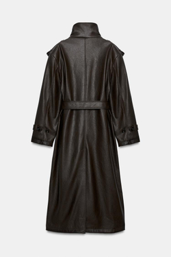 ZARA ДЛИННЫЙ ТРЕНЧ ИЗ ИСКУССТВЕННОЙ КОЖИ, ТЕМНО-КОРИЧНЕВЫЙ