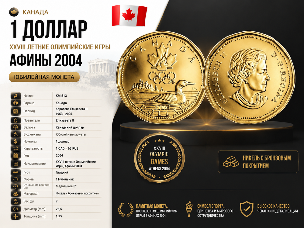 Канада 1 доллар, 2004 Летние Олимпийские Игры, Афины UNC
