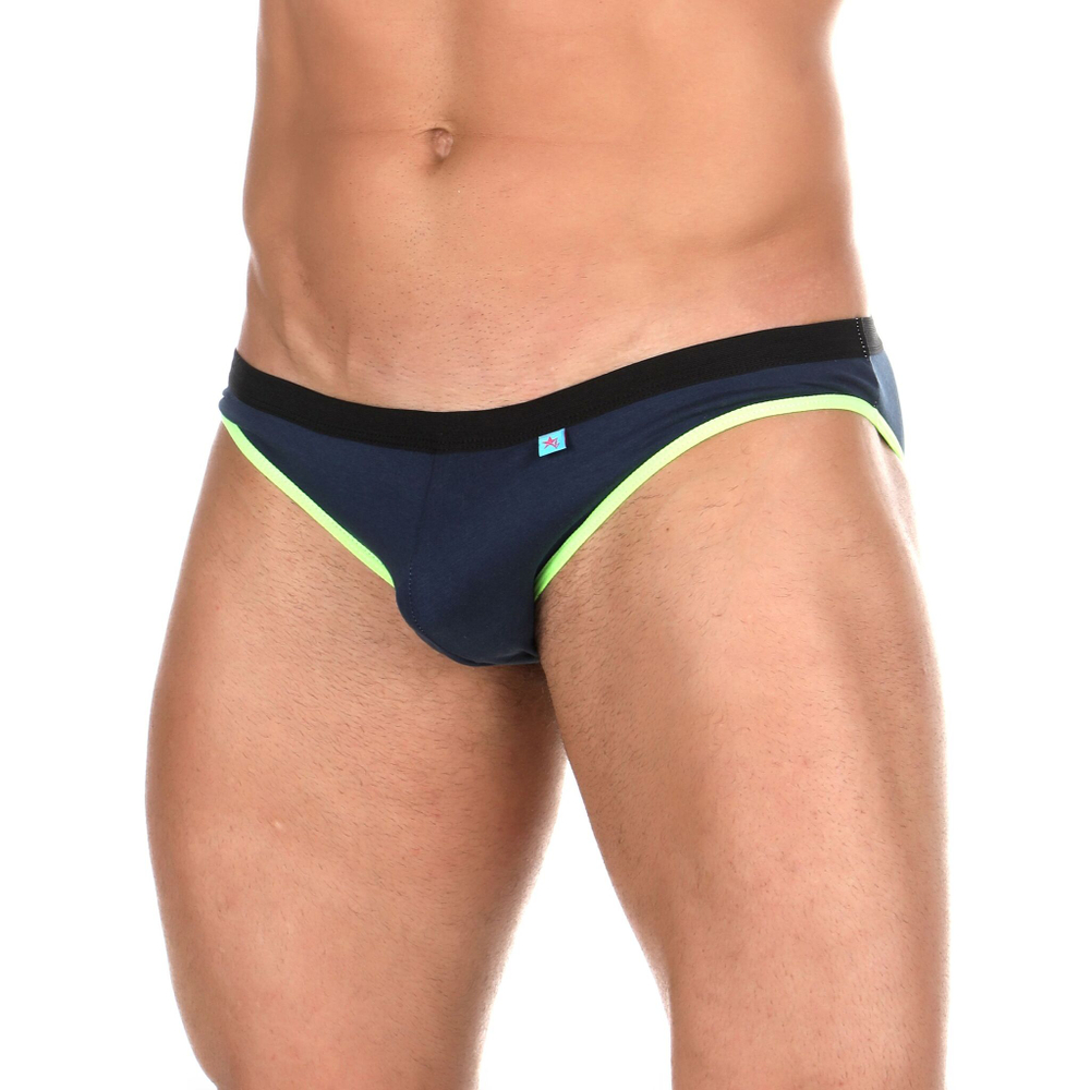 Темно-синие хлопковые трусы-слипы с салатовой окантовкой и низкой посадкой (Размер: L) (Цвет: темно-синий)