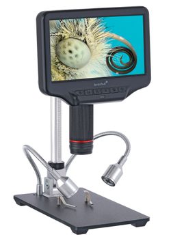 Микроскоп с дистанционным управлением Levenhuk DTX RC4 вид спереди, крупный план дисплея и стойки