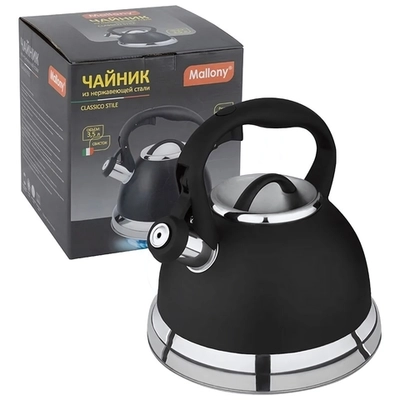 Чайник CLASSICO STILE, объем 3,5 л, из нерж стали со свистком, черный/матовый, ручка с soft-touch