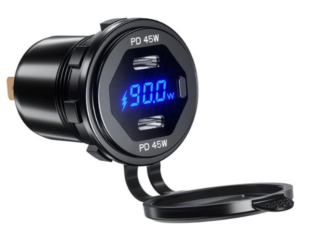 Гнездо зарядное в алюминиевом корпусе, USB + Type C + указатель мощности