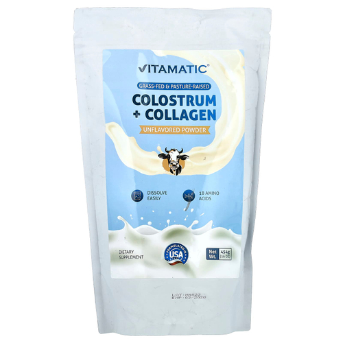 Vitamatic, молозиво с коллагеном в порошке, без добавок, 454 г (16 унций)