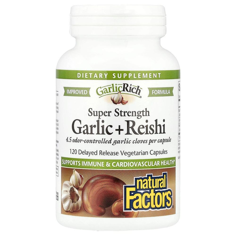 Natural Factors, GarlicRich®, суперсильный чеснок и рейши, 120 вегетарианских капсул с отсроченным высвобождением
