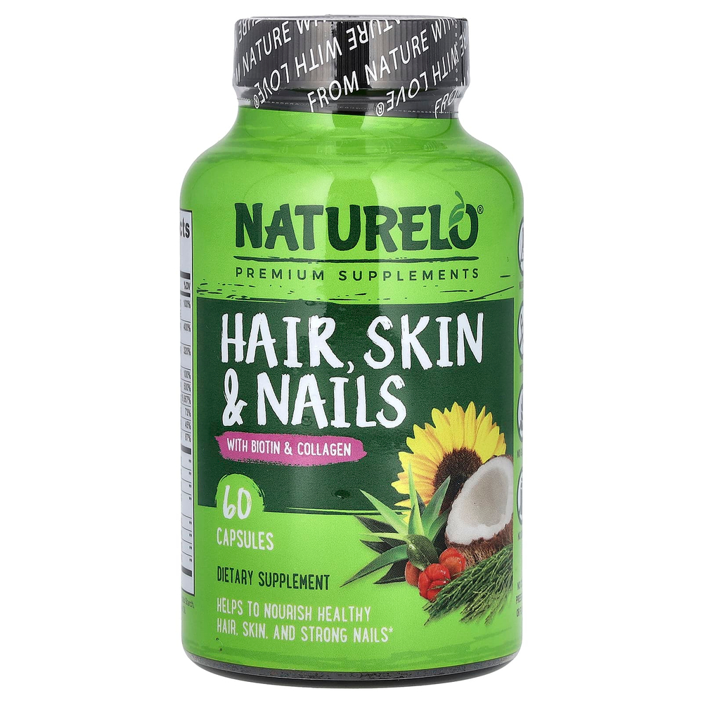 NATURELO, Для волос, кожи и ногтей с биотином и коллагеном, 60 капсул