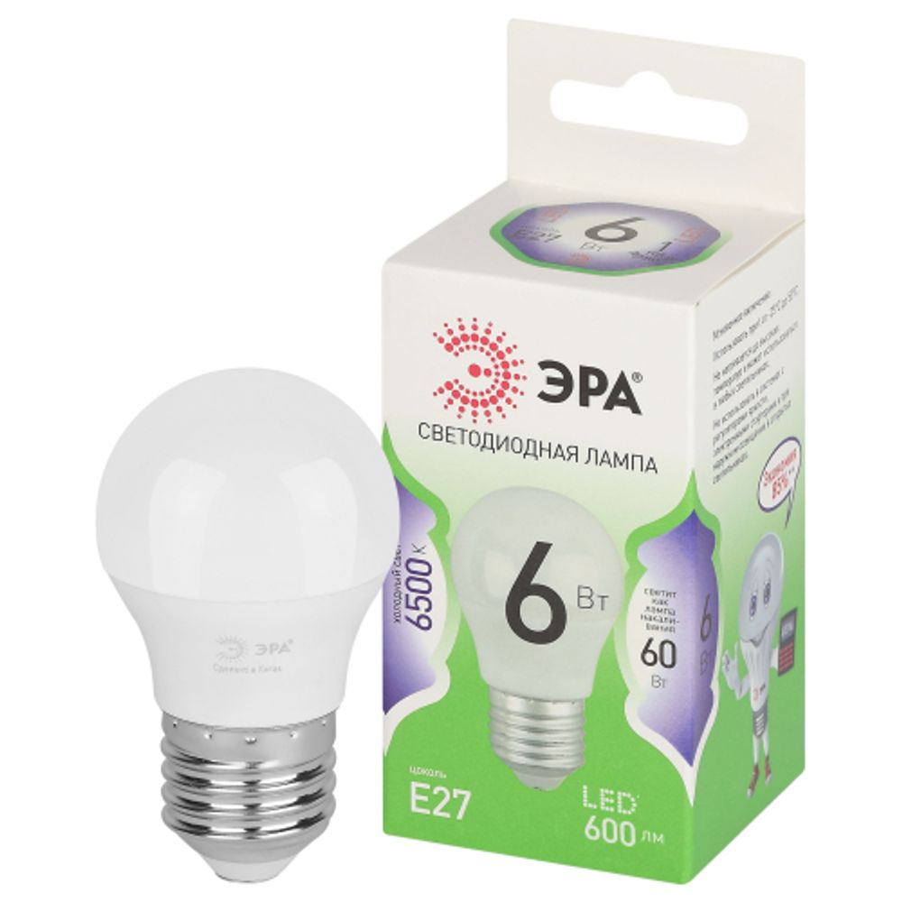 Лампа светодиодная ЭРА GREEN LINE LED P45-6W-865-E27 GL 6Вт шар холодный свет E27 | Лампы cветодиодные Шар (G/P)