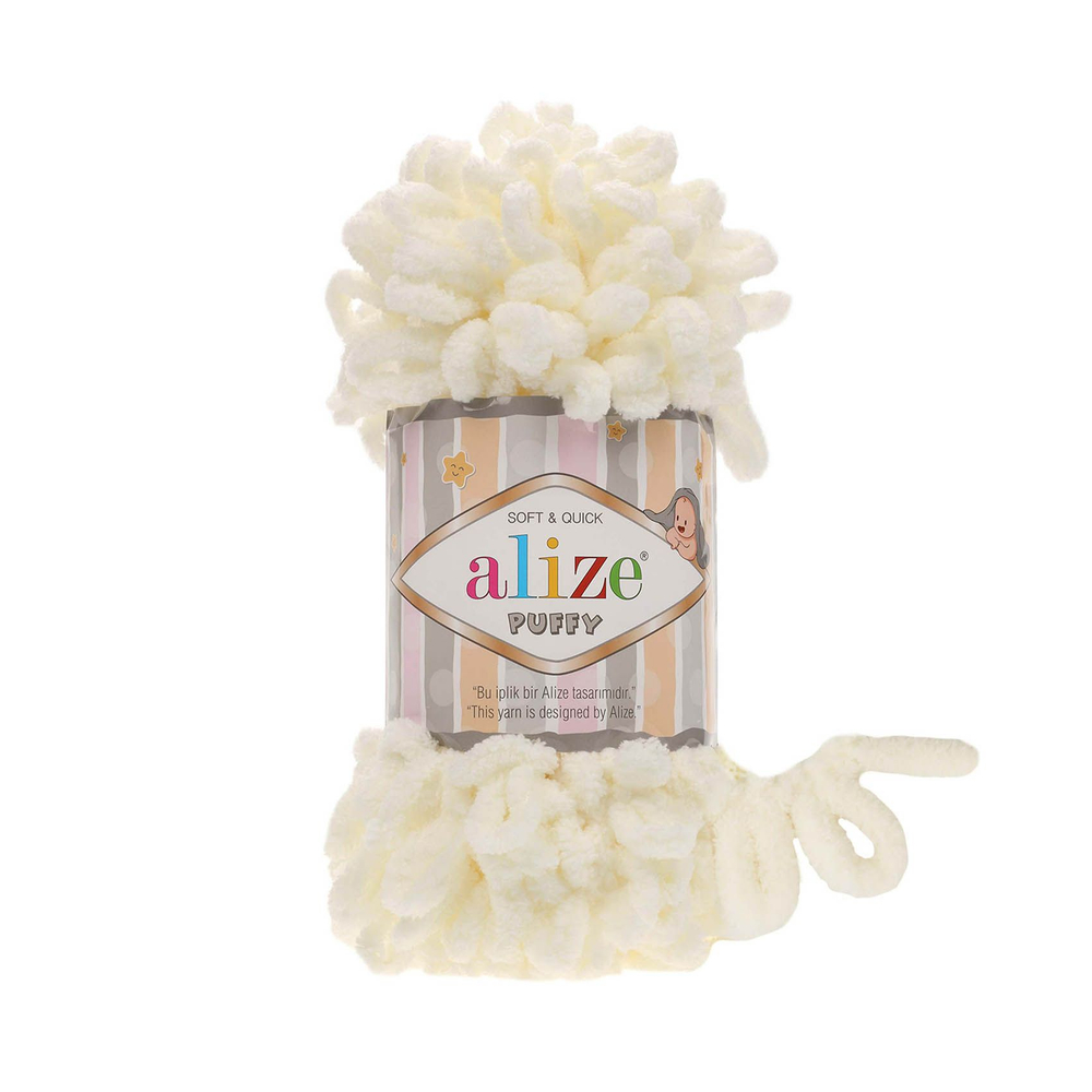 Пуффи (Puffy) пряжа Alize 100%микрополиэстер 5х100г/9,2 м 62 молочный