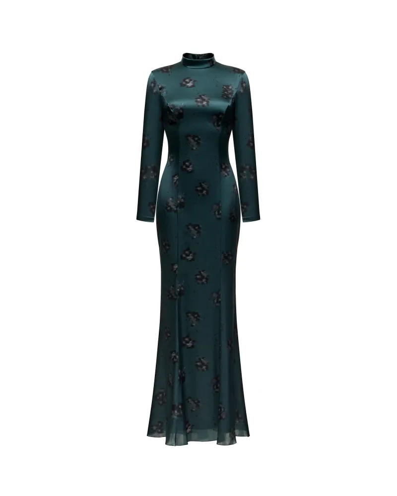 Белла макси (Bella maxi), платье макси из изумрудного атласа с черными цветами