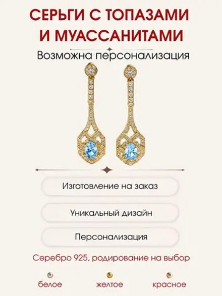 Серьги с топазами и муассанитами, серебро 925, родий