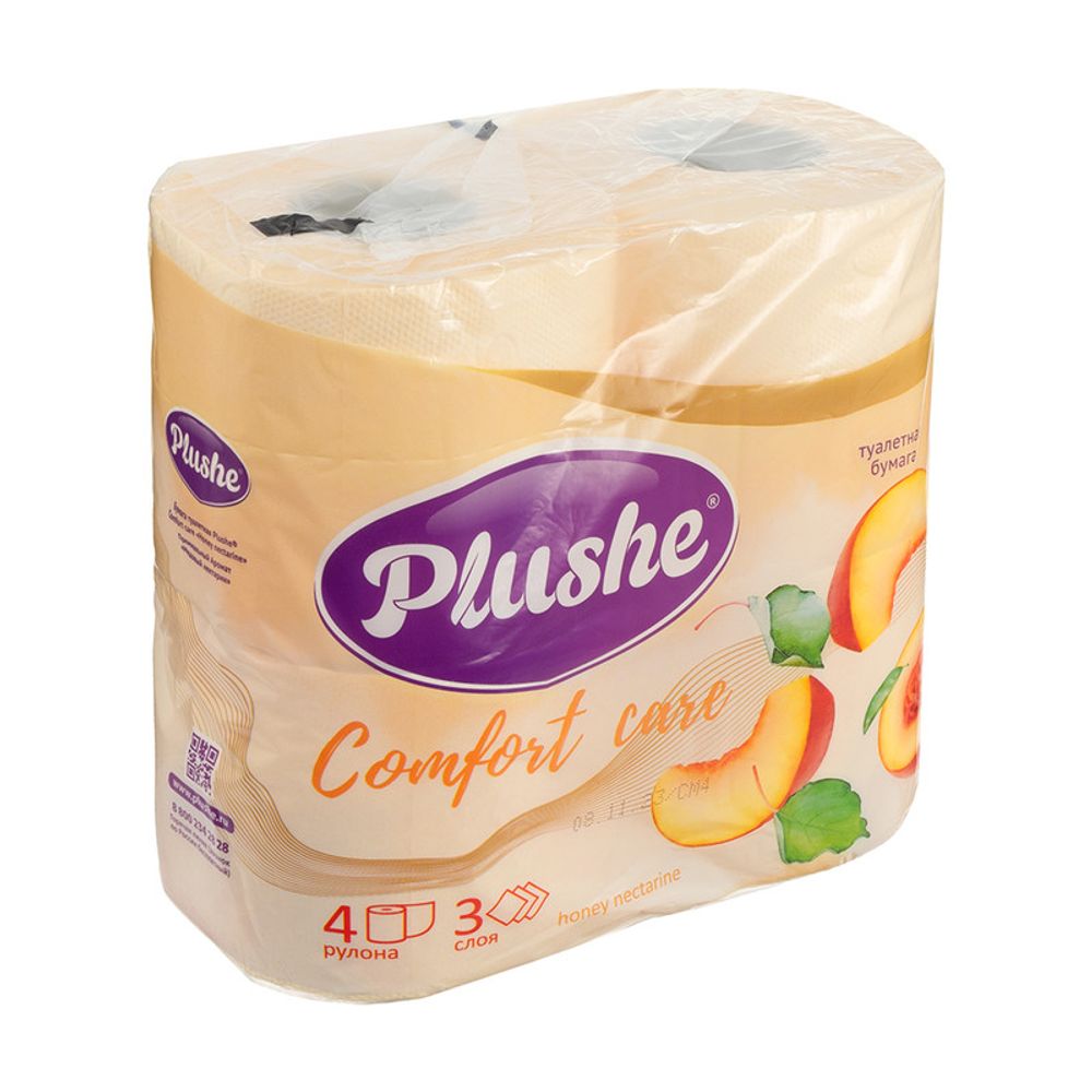 Туалетная Бумуга PLUSHE Comfort care Персик 4 рулона 3 слоя