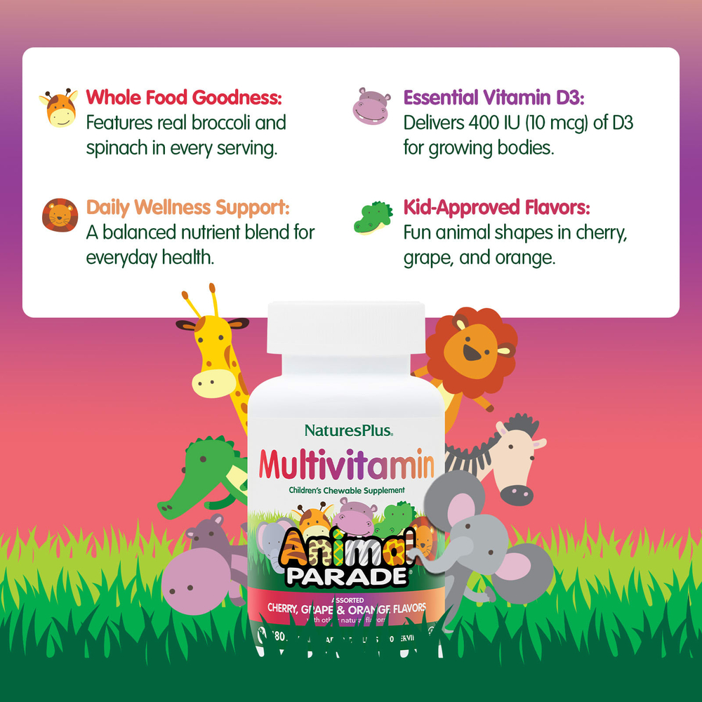 NaturesPlus, Animal Parade®, жевательные мультивитамины для детей, вишня, виноград и апельсин, 180 таблеток в форме животных