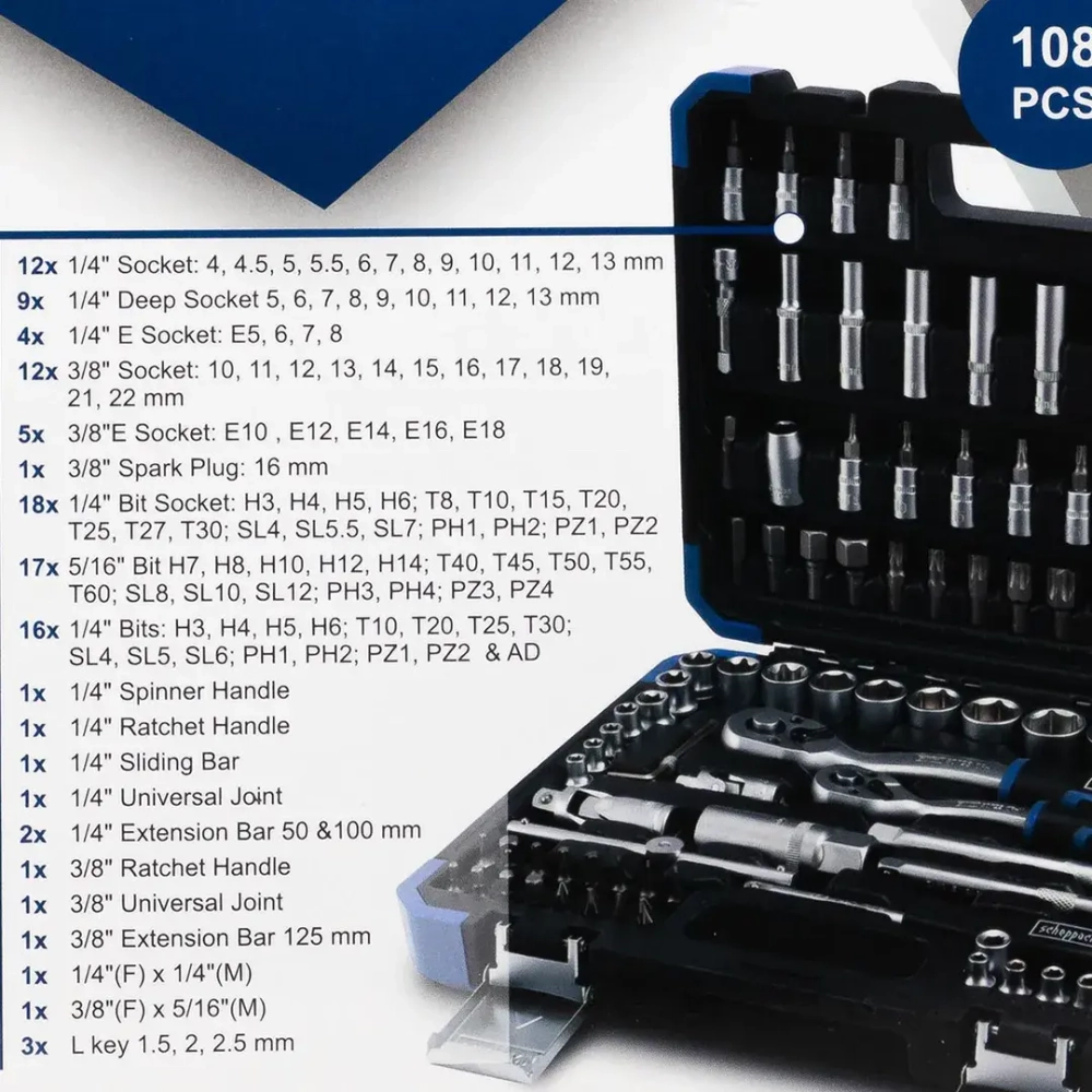 Набор инструментов 1/4'' 3/8'', 108пр. (6-гран) Scheppach Sch-41082-5DS