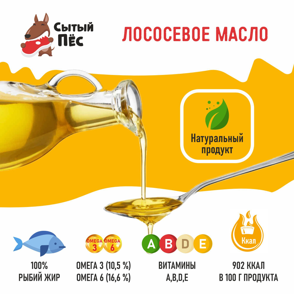Ветеринарный рыбий жир лососевый 100 мл "Сытый пёс" - для животных, для собак, кошек, кур несушек, коров - 100% лососевое масло