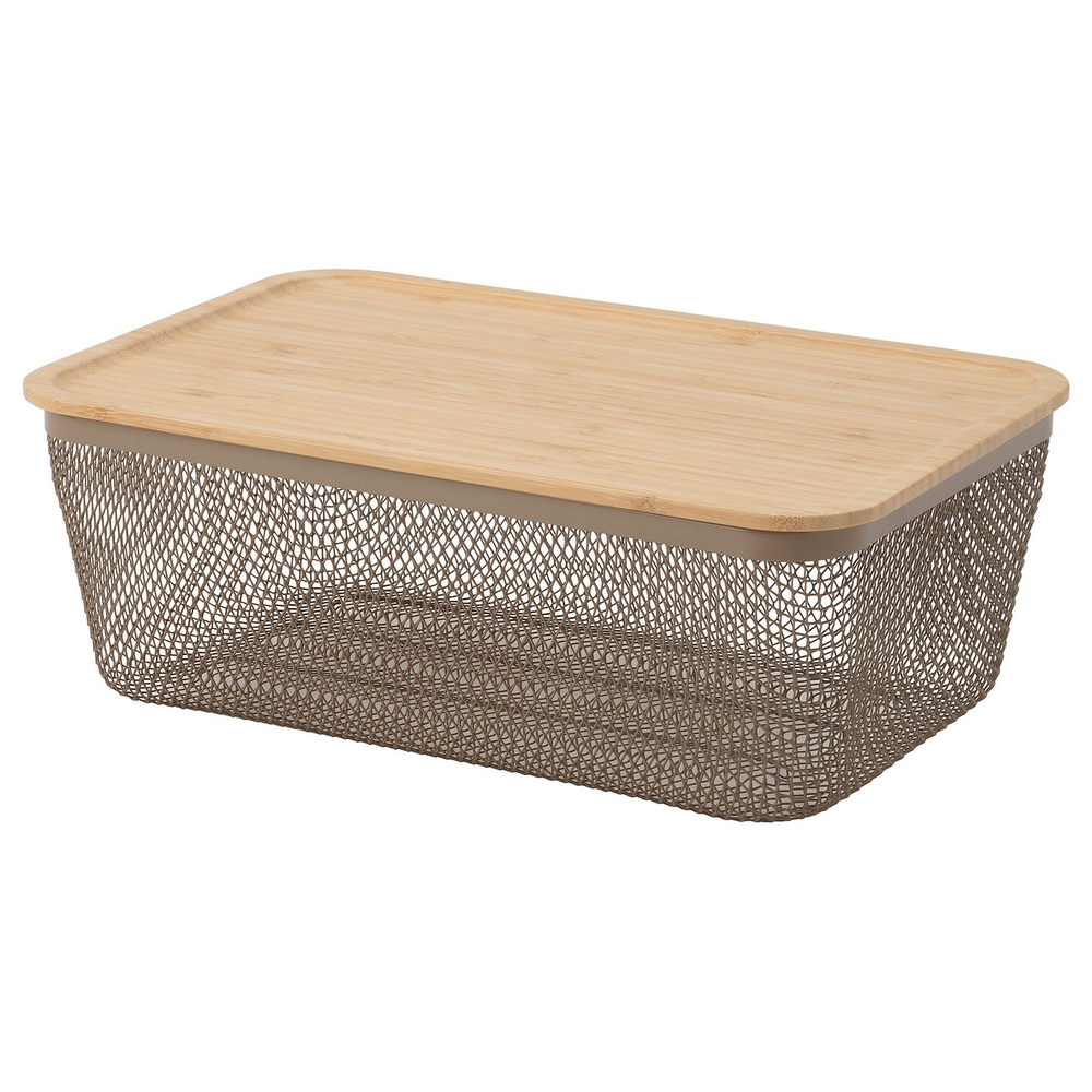 IKEA 365+  (ИКЕА 365+)  -  Корзина для продуктов с крышкой - прямоугольная металл/светлый серо-коричневый бамбук 32х21х13 см