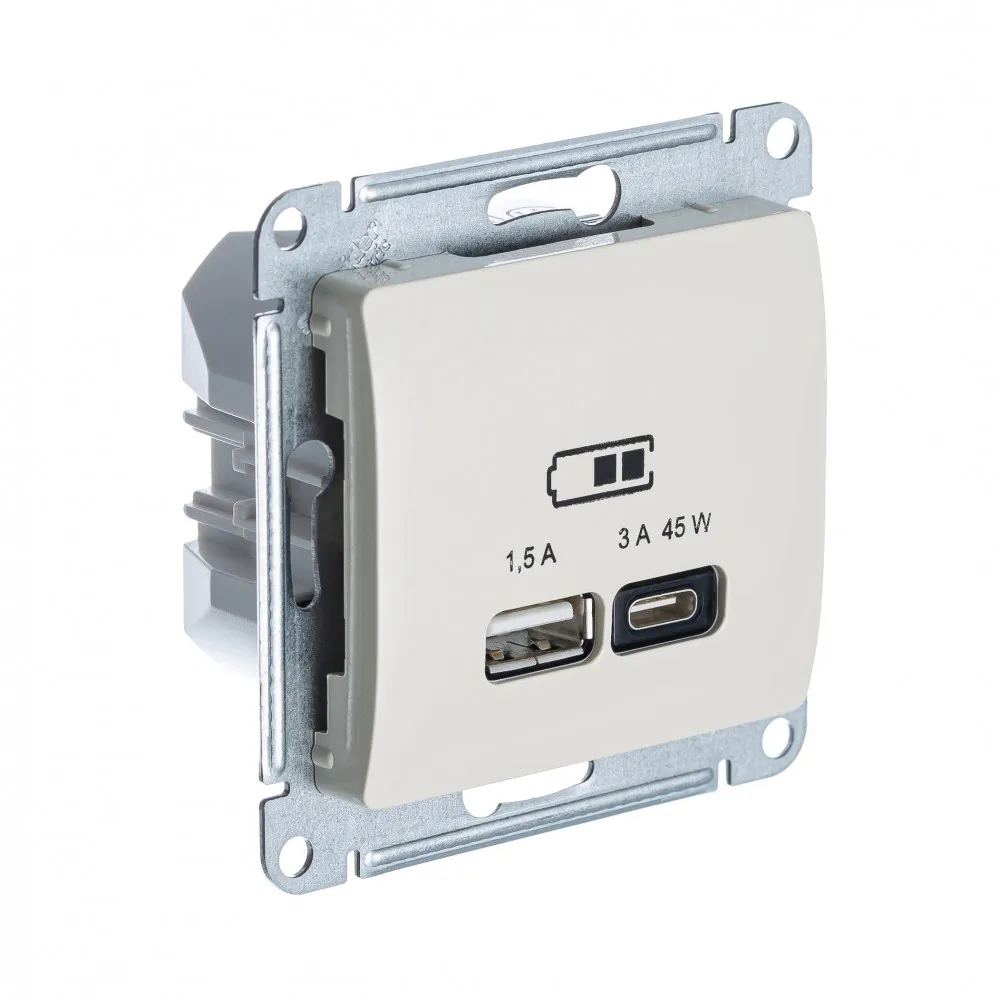 GLOSSA USB РОЗЕТКА A + тип-C 45Вт высокоскор.заряд. QC, PD, механизм, МОЛОЧНЫЙ