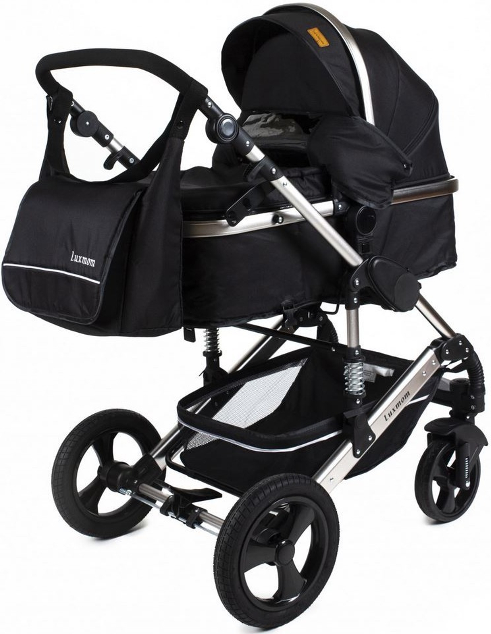 Коляска-трансформер Luxmom 555 2в1 Черный текстиль Серебристая рама