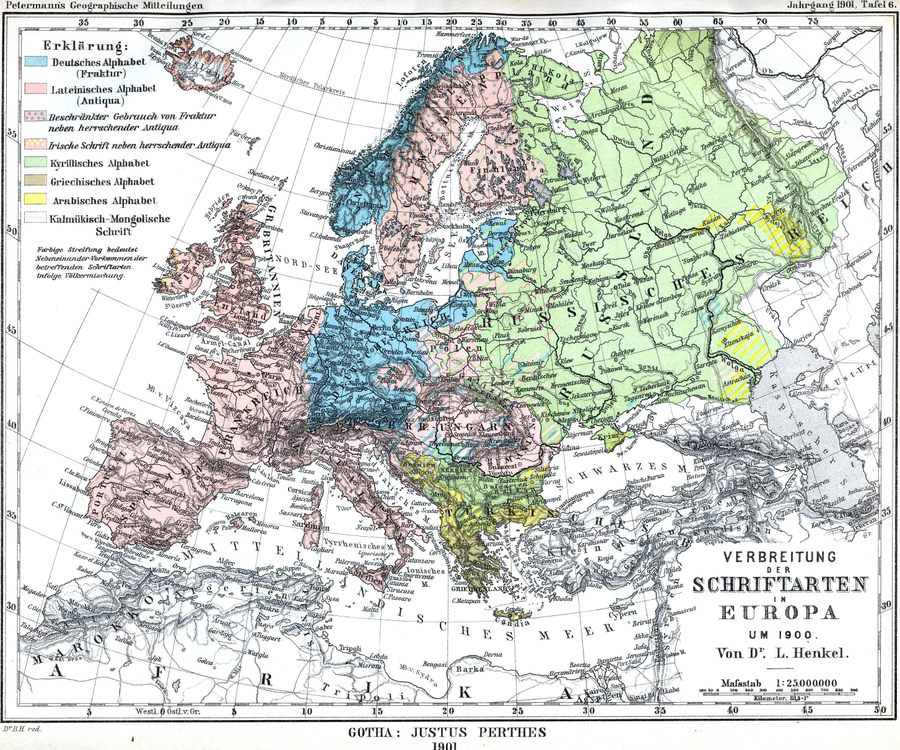 Карта письменностей Европы 1901 года: фрактура и антиква показаны как два разных алфавита