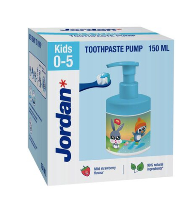 Jordan Kids Детская зубная паста 0-5 лет, клубничный вкус, в бутылке с дозатором-помпой, 150 мл (из Эстонии)