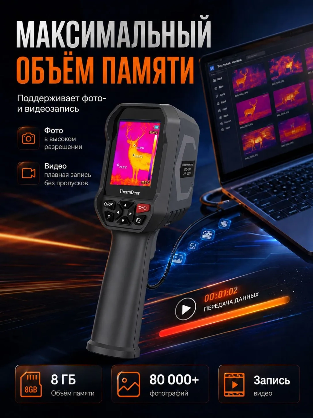 Тепловизор ThermDeer, инфракрасная камера 120*90, 8 ГБ, фото и видео