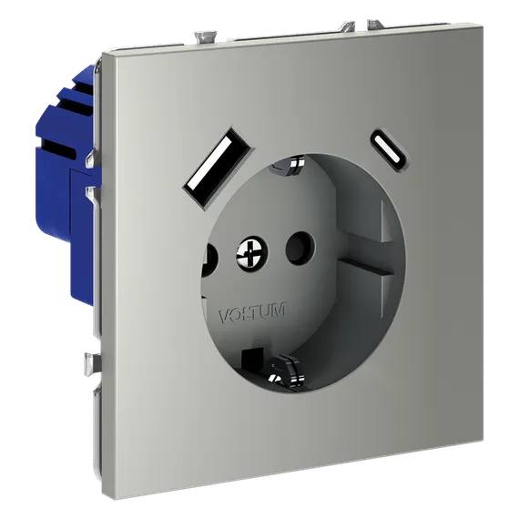 Розетка с заземлением и защитными шторками, с USB, A+С Voltum S70 Сталь VLS040505